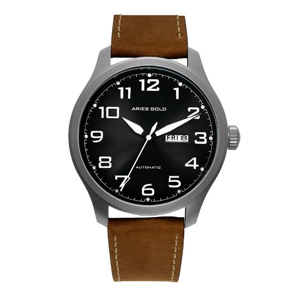 ARIES GOLD AUTOMATIC ESCALATE SILVER STAINLESS STEEL G 9017 S-BK BROWN LEATHER STRAP MEN'S WATCH